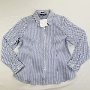Ellen Tracy Large Non Iron Womens White Blue Black Stripe Cotton Long Sleeve Top